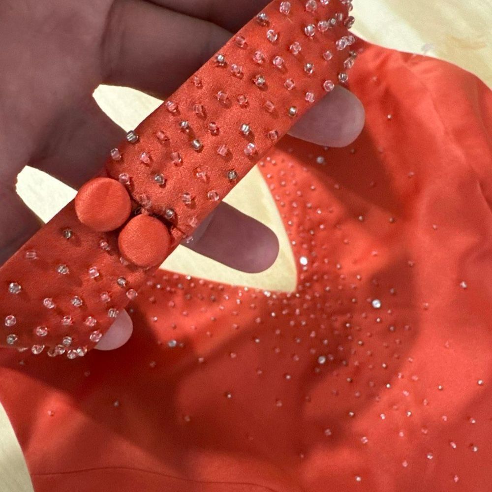 Vintage Orange Halter Evening Gown Women's Size 2 Embellished Glam Formal Dress - Picture 14 of 16
